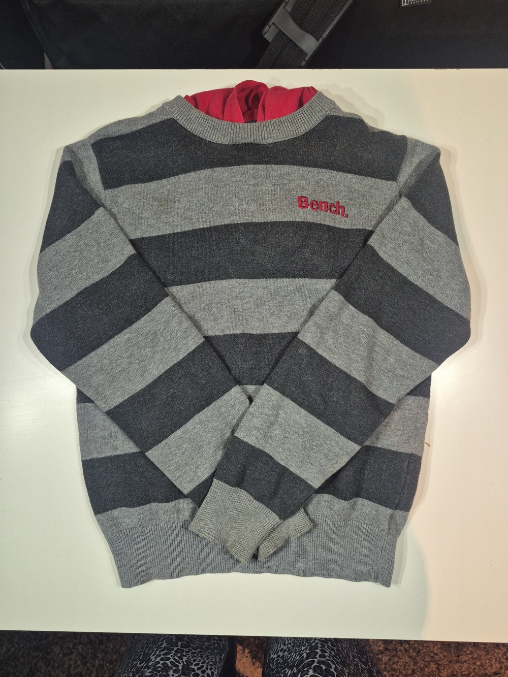 Bench Striped Gray Crewneck Sweater with Red Logo